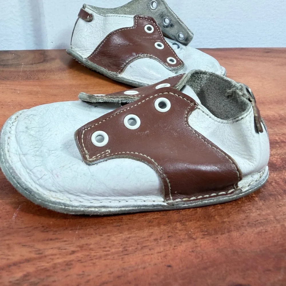 Vintage Leather Baby Saddle Shoes Brown White Buckle Heel Infant EST Sz 2 1950s